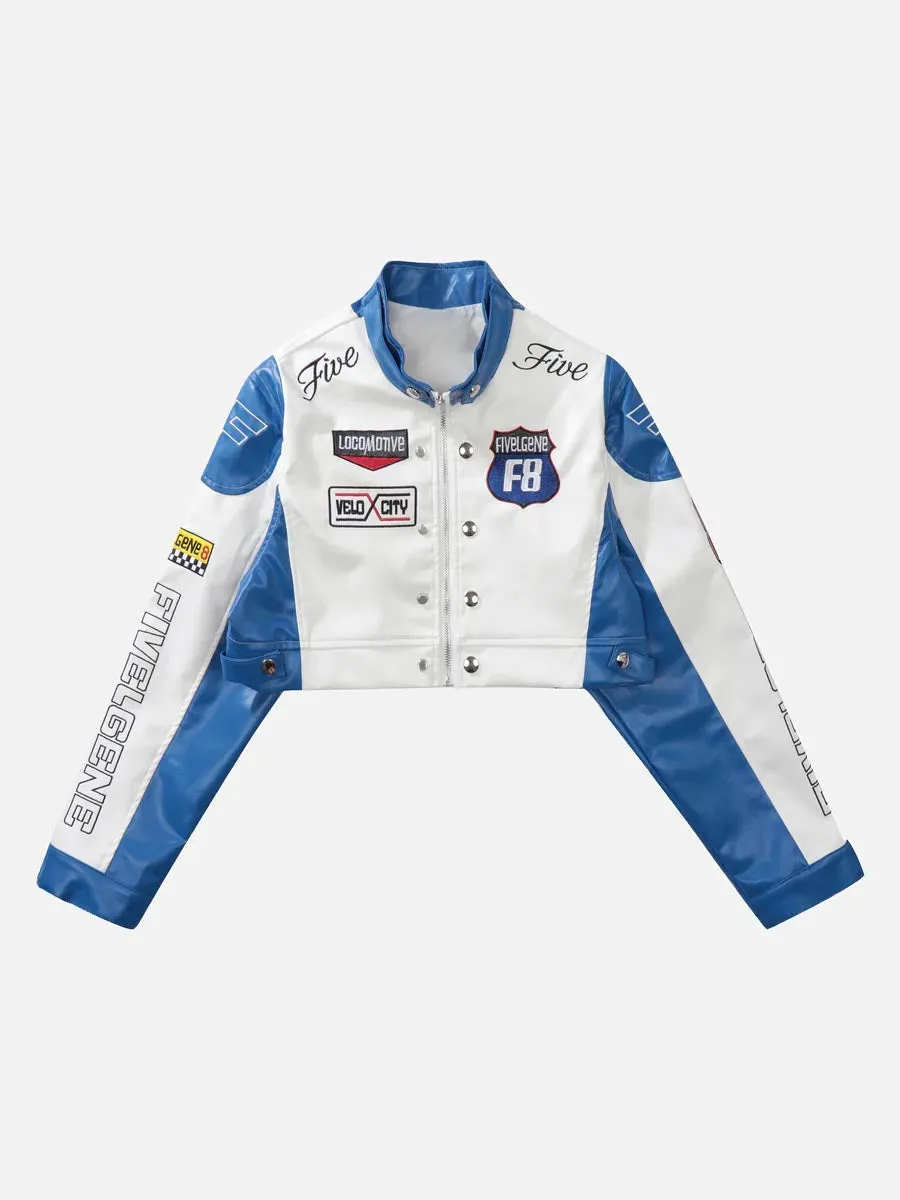 1984 Badge Short PU Leather Racing Jacket - 1631