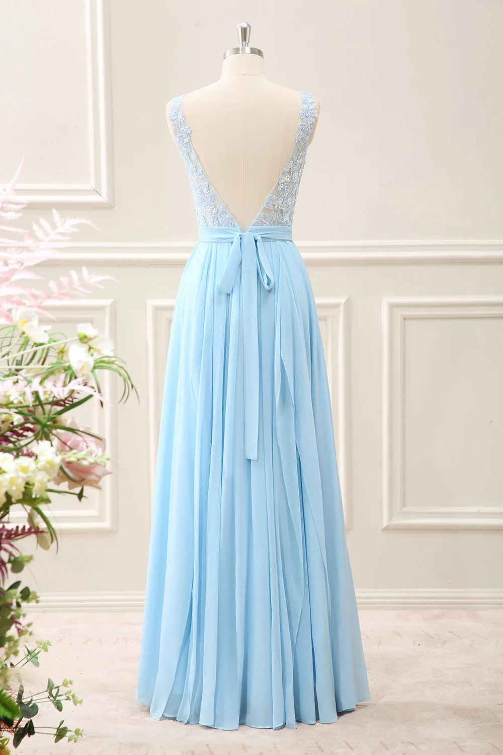 A Line Sky Blue Round Neck Chiffon Ruffled Maxi Dress with Appliques