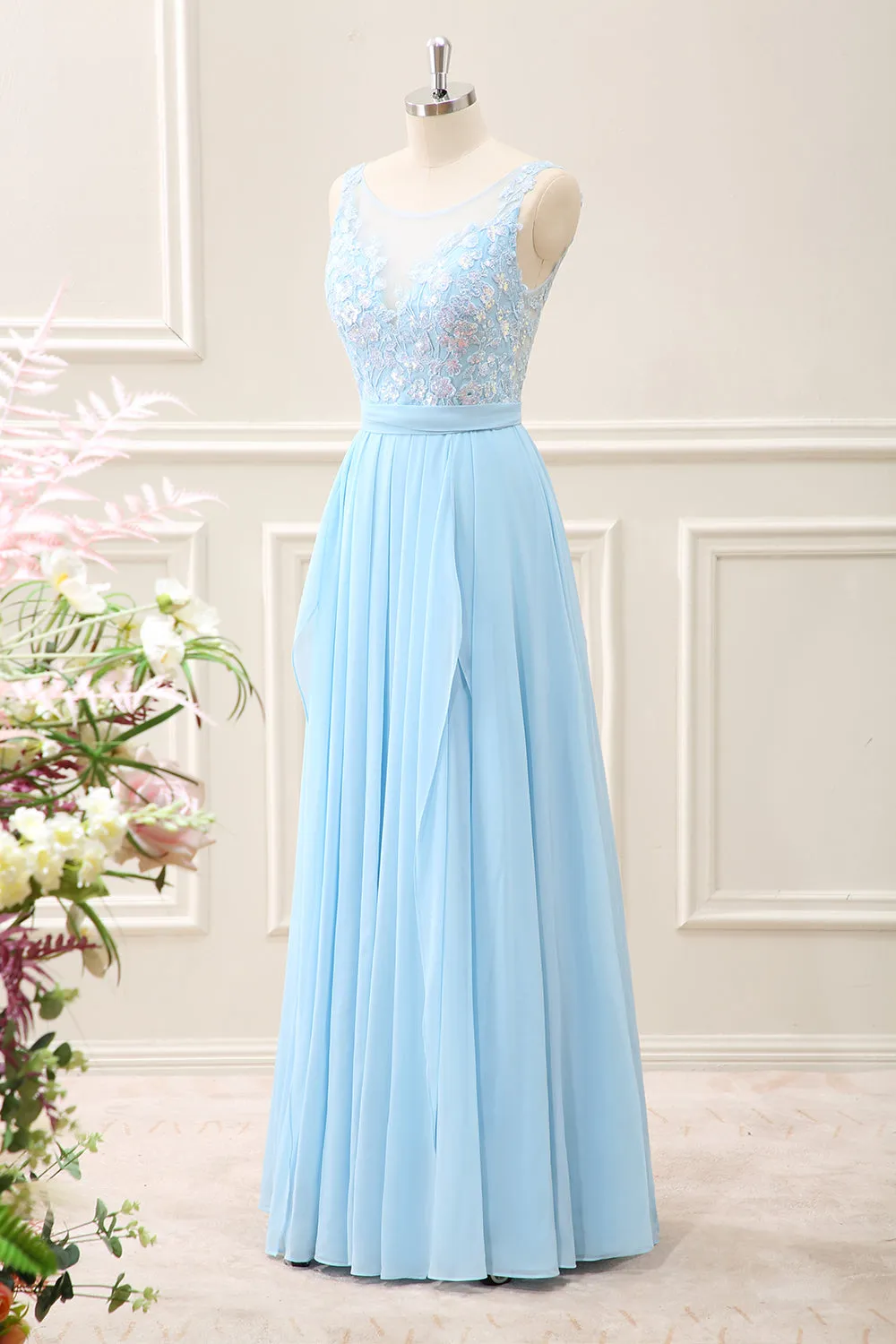 A Line Sky Blue Round Neck Chiffon Ruffled Maxi Dress with Appliques