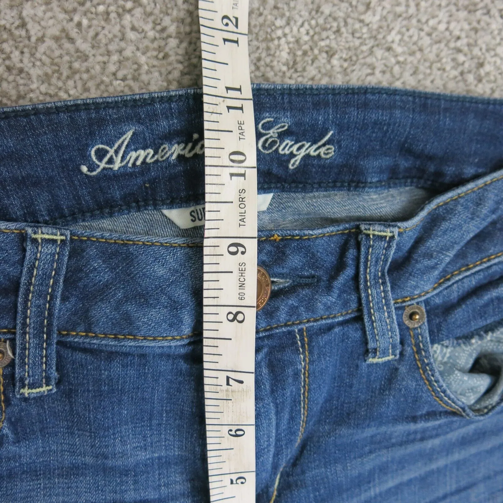 American Eagle Womens Slim Straight Jeans Mid Rise Stretch Distressed Blue SZ 10