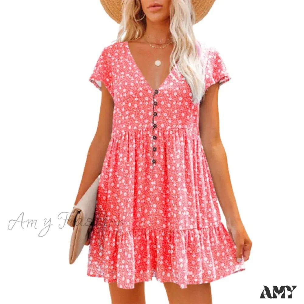 Amy Fashion - Sexy V-neck Floral Mini Beach Dresses