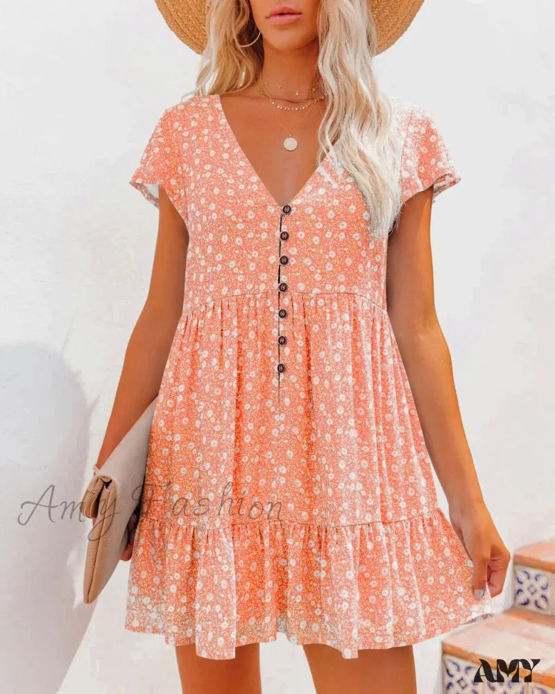 Amy Fashion - Sexy V-neck Floral Mini Beach Dresses