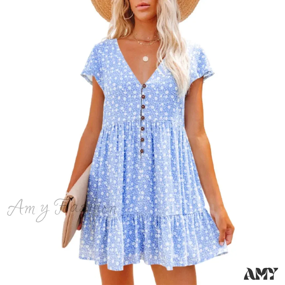 Amy Fashion - Sexy V-neck Floral Mini Beach Dresses