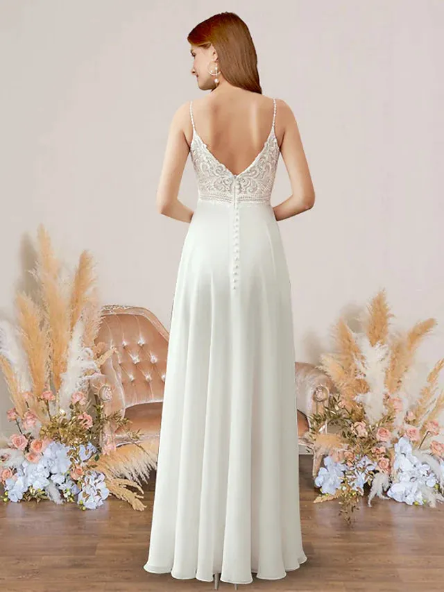 Beach Wedding Dresses Floor Length A-Line Sleeveless V Neck Spaghetti Strap Chiffon With Pleats Appliques