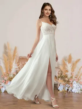 Beach Wedding Dresses Floor Length A-Line Sleeveless V Neck Spaghetti Strap Chiffon With Pleats Appliques