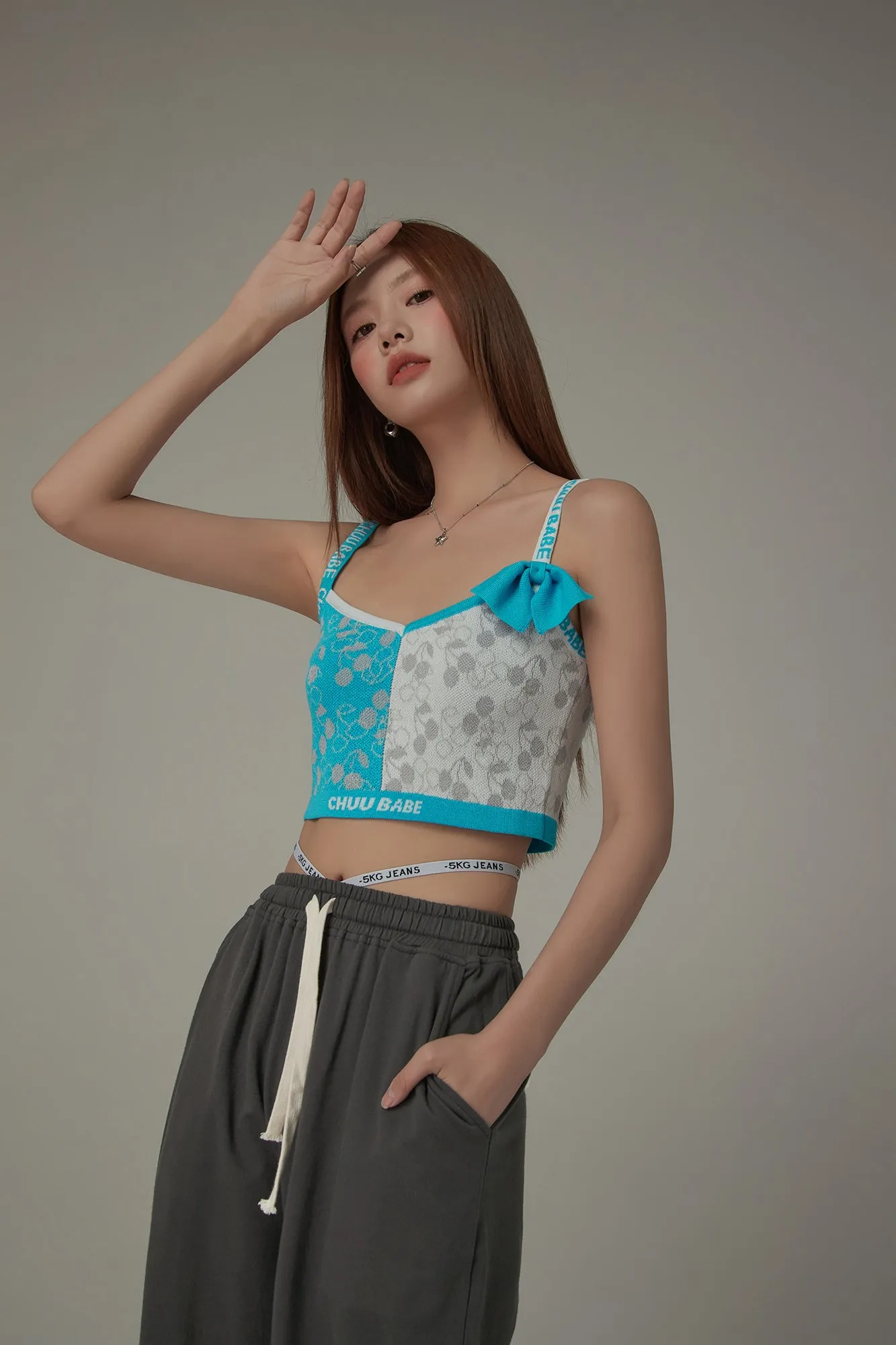 Chuu Babe Cherry Pattern Two Toned Sleeveless Crop Top