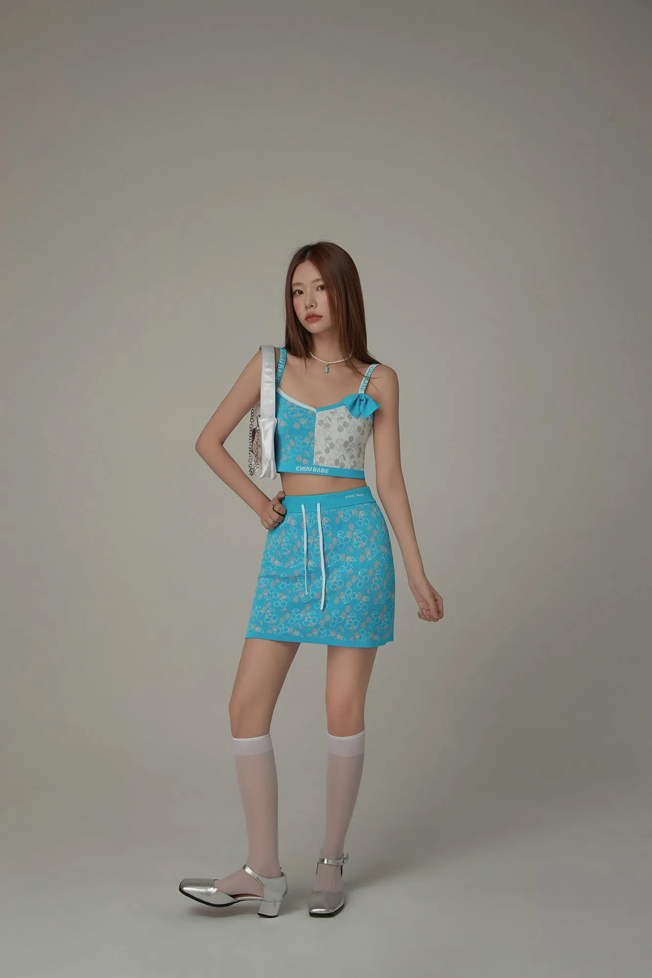 Chuu Babe Cherry Pattern Two Toned Sleeveless Crop Top