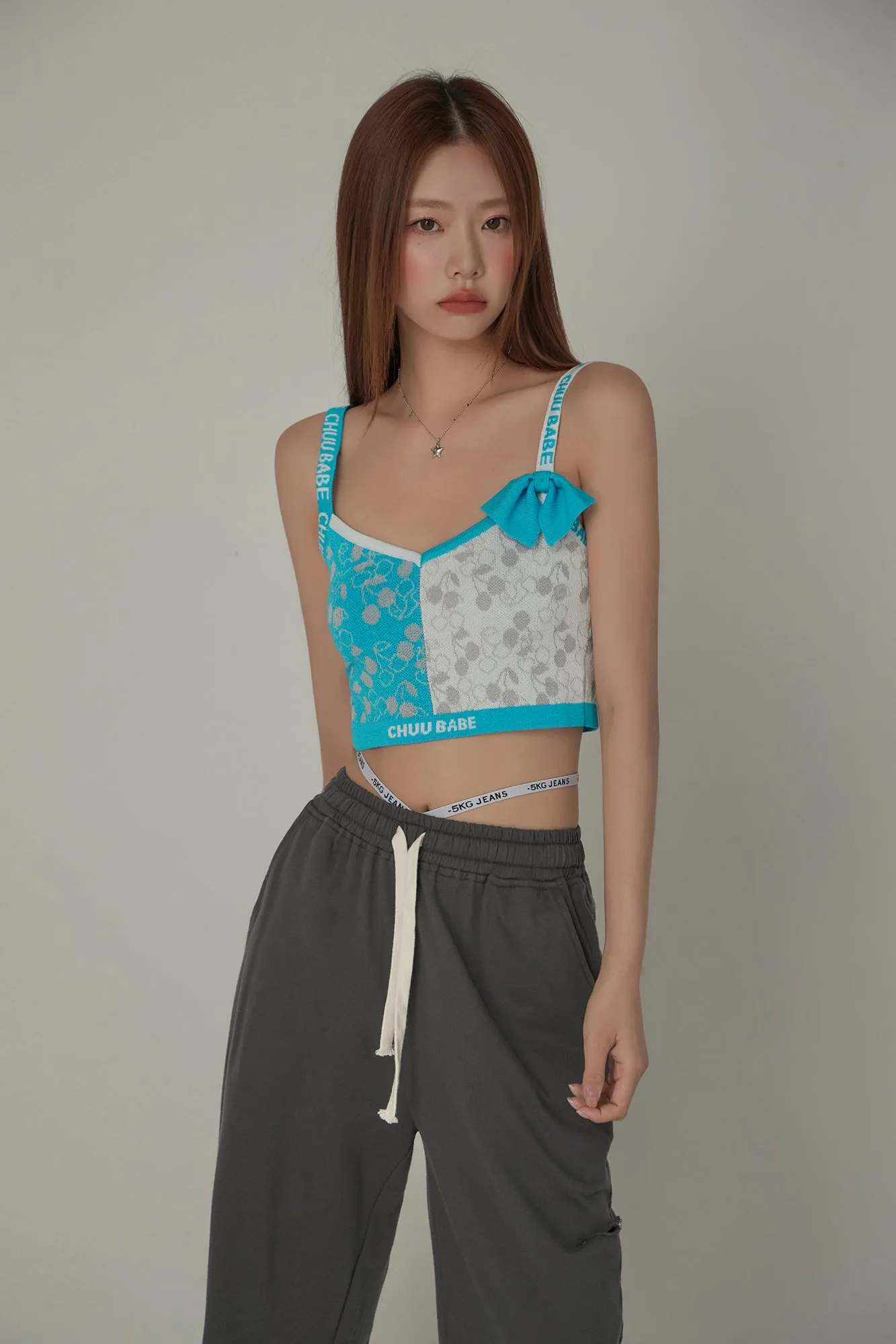 Chuu Babe Cherry Pattern Two Toned Sleeveless Crop Top