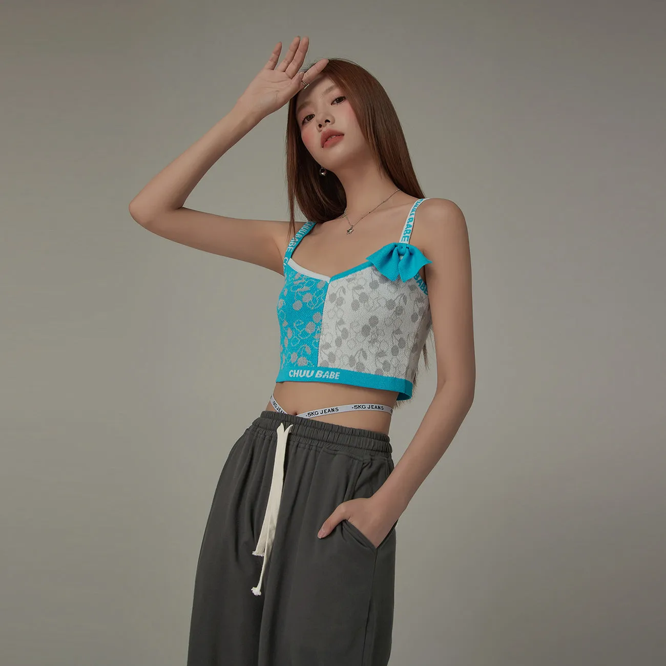 Chuu Babe Cherry Pattern Two Toned Sleeveless Crop Top