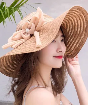 Classy Khaki Bow Large Brim Lace Beach Floppy Sun Hat