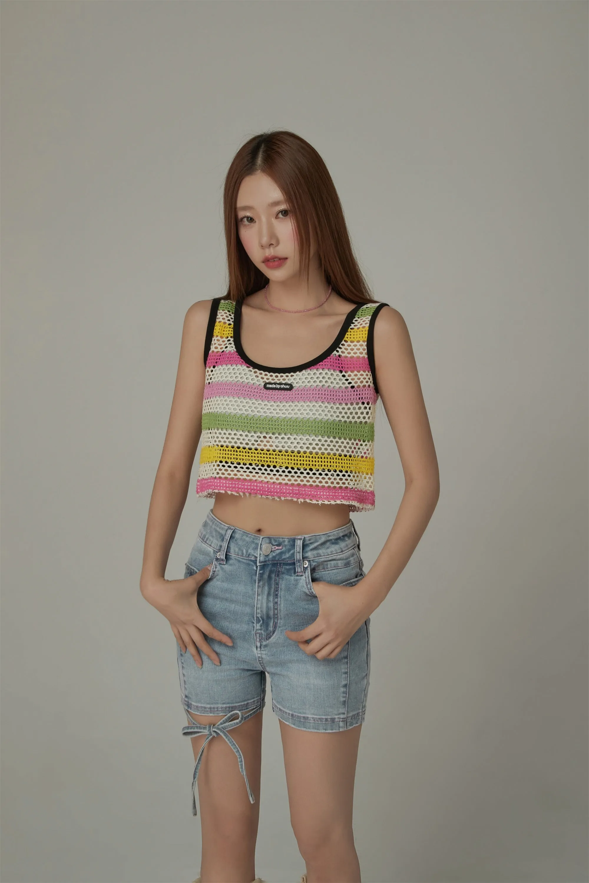 Crochet Mesh Colorblocked Crop Top