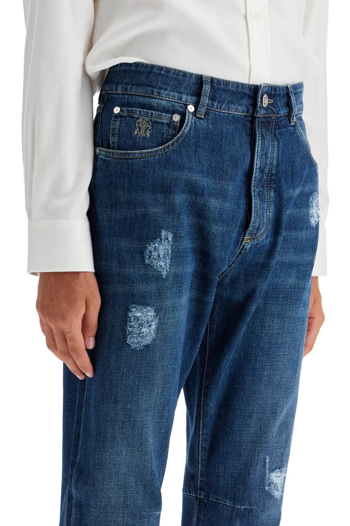 distressed denim leisure fit jeans for