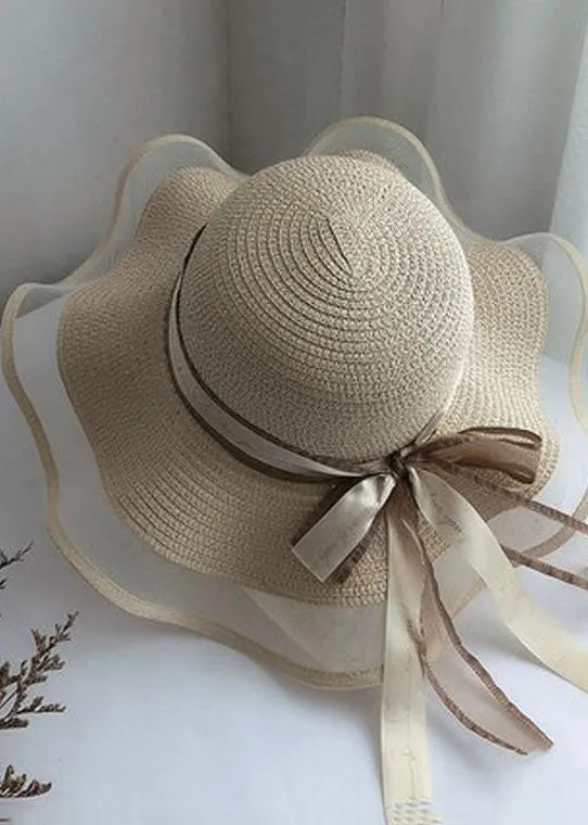 DIY Beige Bow Straw Woven Beach Holiday Floppy Sun Hat LC0550