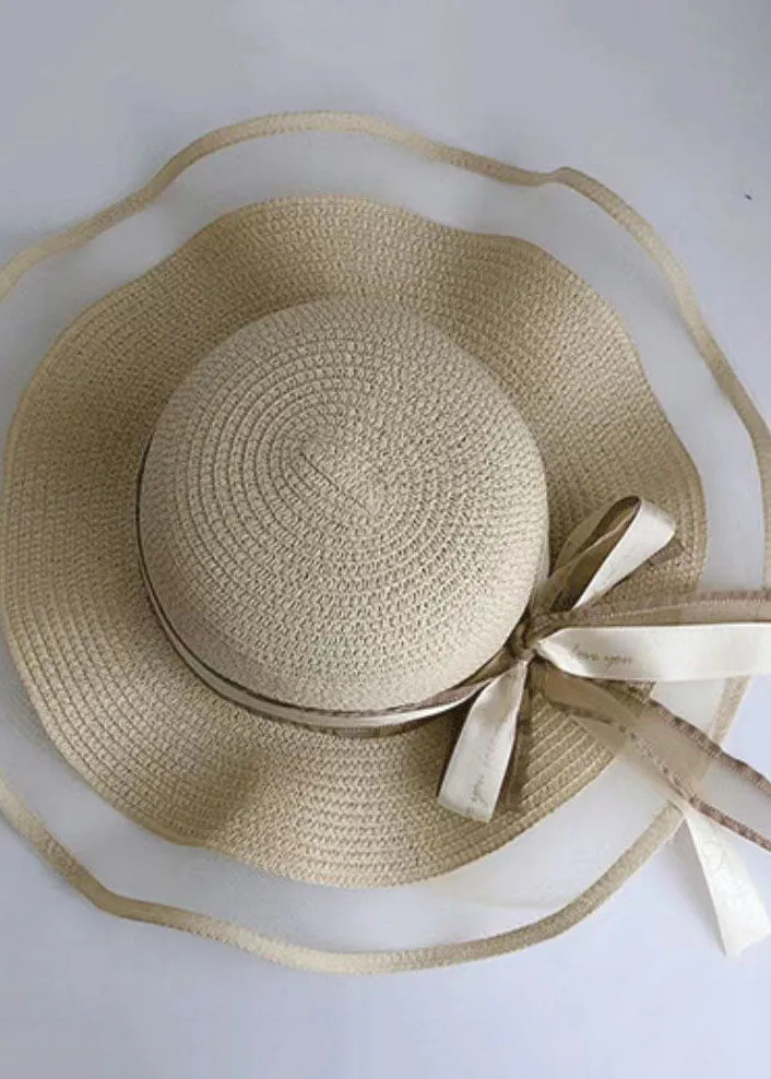 DIY Beige Bow Straw Woven Beach Holiday Floppy Sun Hat LC0550