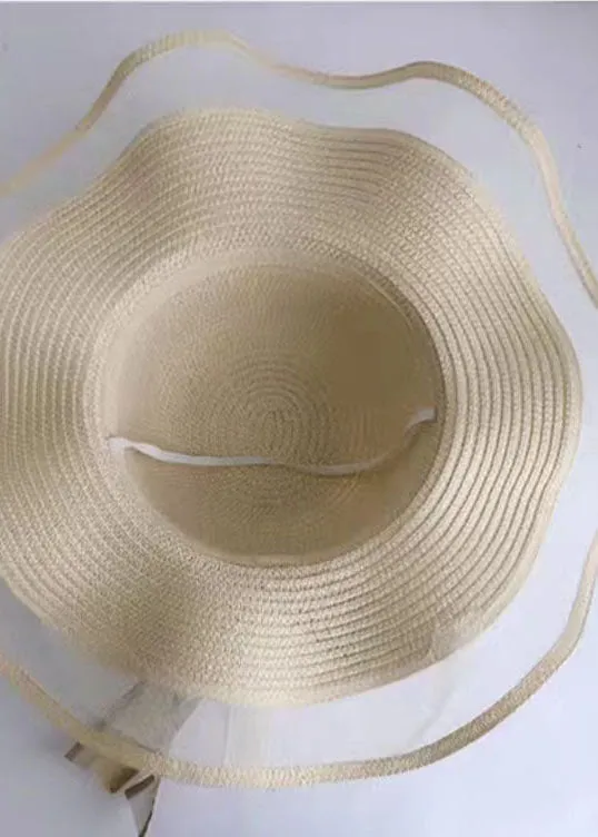 DIY Beige Bow Straw Woven Beach Holiday Floppy Sun Hat LC0550