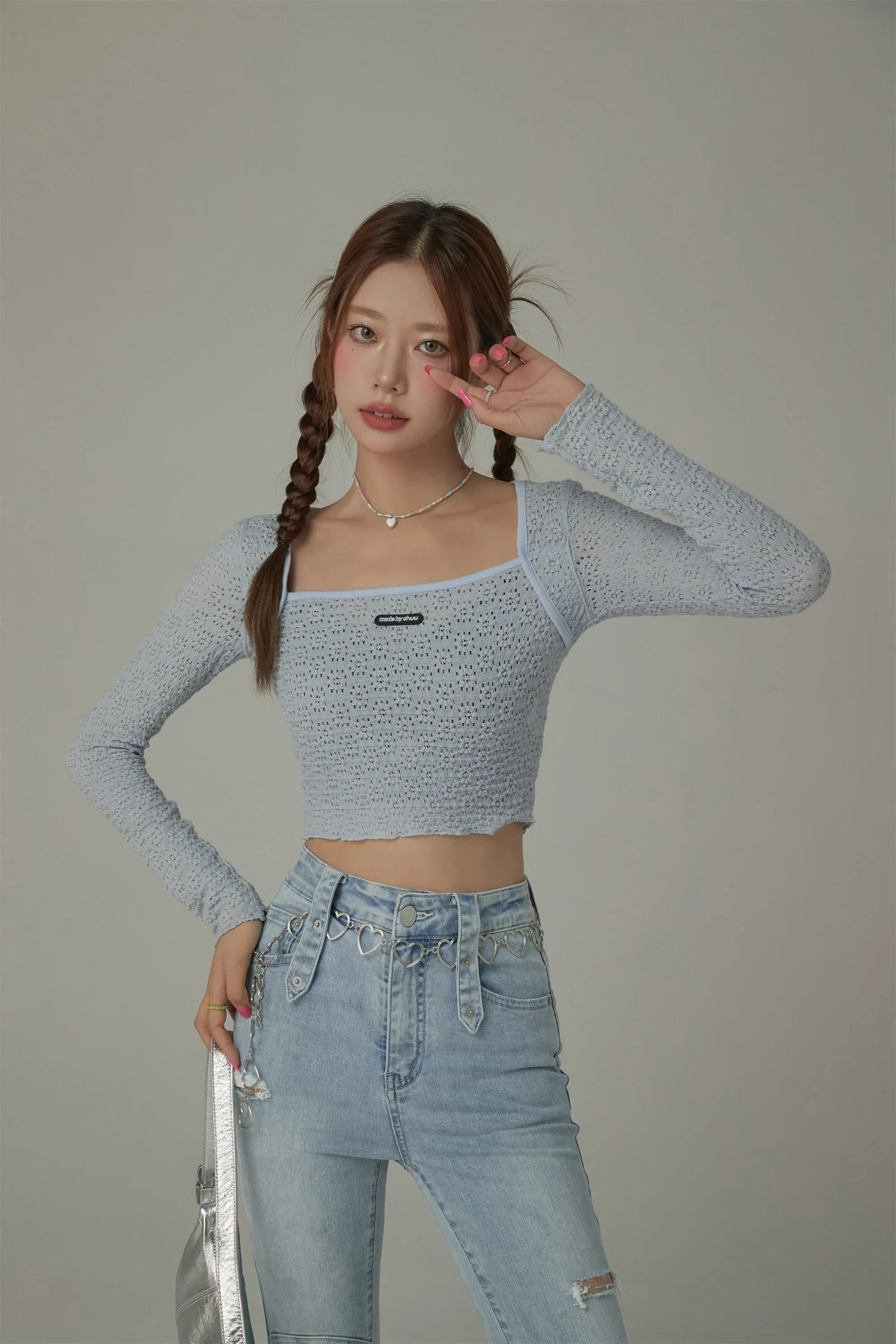 Flower Holes Pattern Crop Slim Top