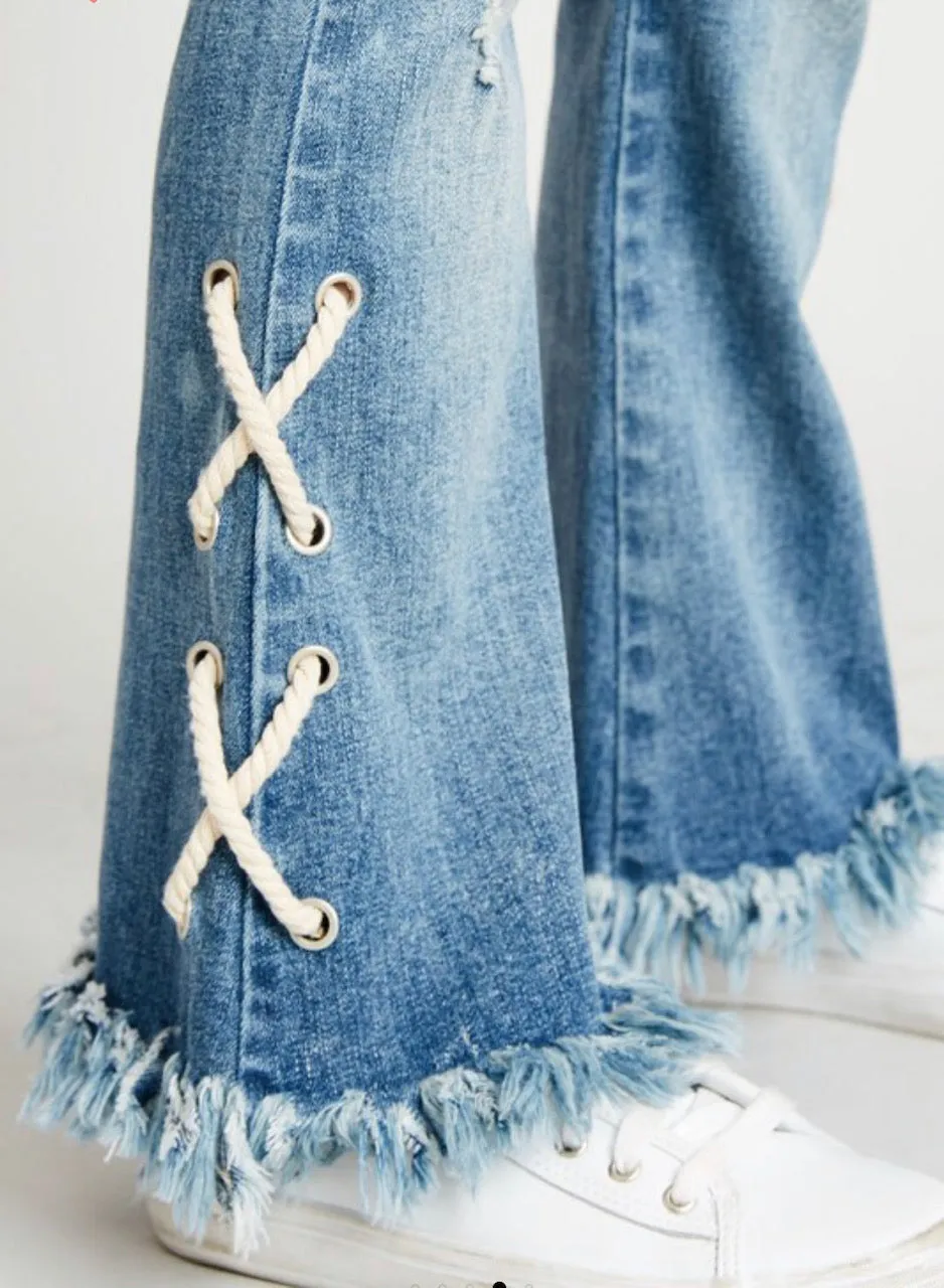 Girls Lace Up Distressed Flare Jeans