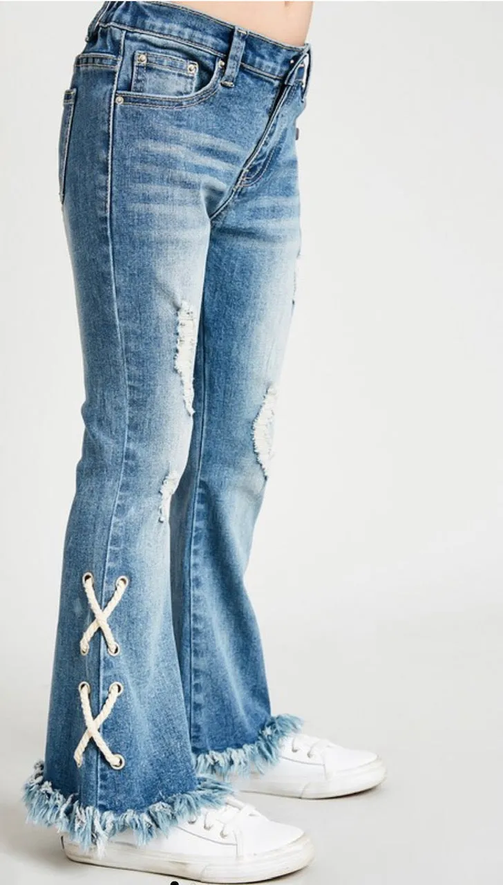 Girls Lace Up Distressed Flare Jeans