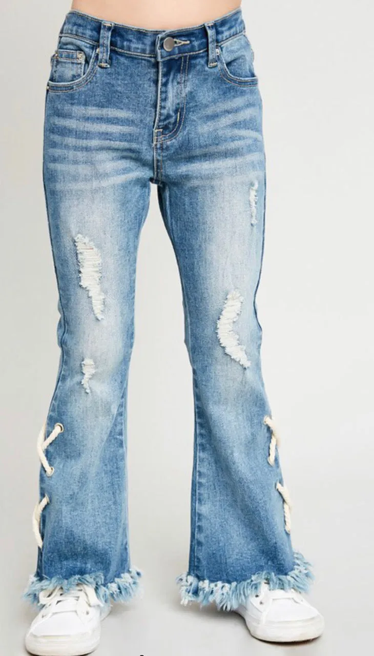 Girls Lace Up Distressed Flare Jeans