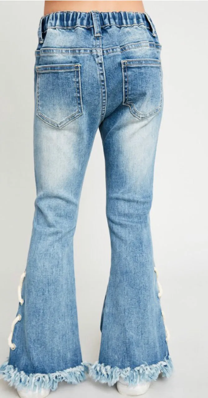 Girls Lace Up Distressed Flare Jeans