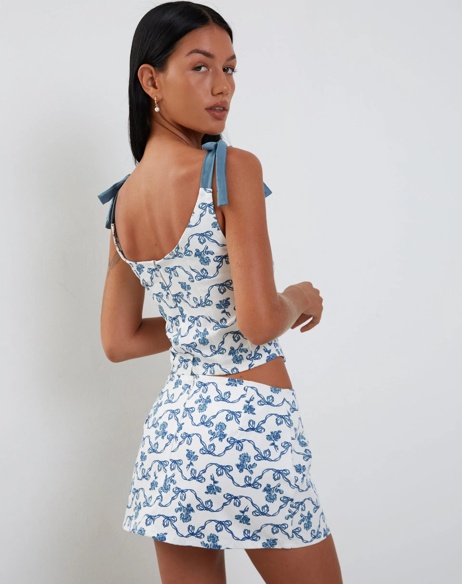 Jatmi Corset Top in White and Blue Ribbon Print