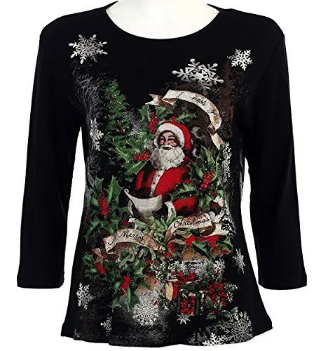 Jess & Jane - Santa's Greeting, Cotton Top 3/4 Slv Scoop Neck Rhinestone Accents