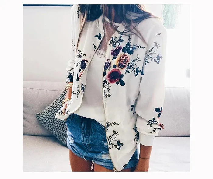 Jocoo Jolee Women Elegant Zipper Bomber Jacket Spring Autumn Floral Printed Jackets Office Wear Slim Office Coat Retro Outwear