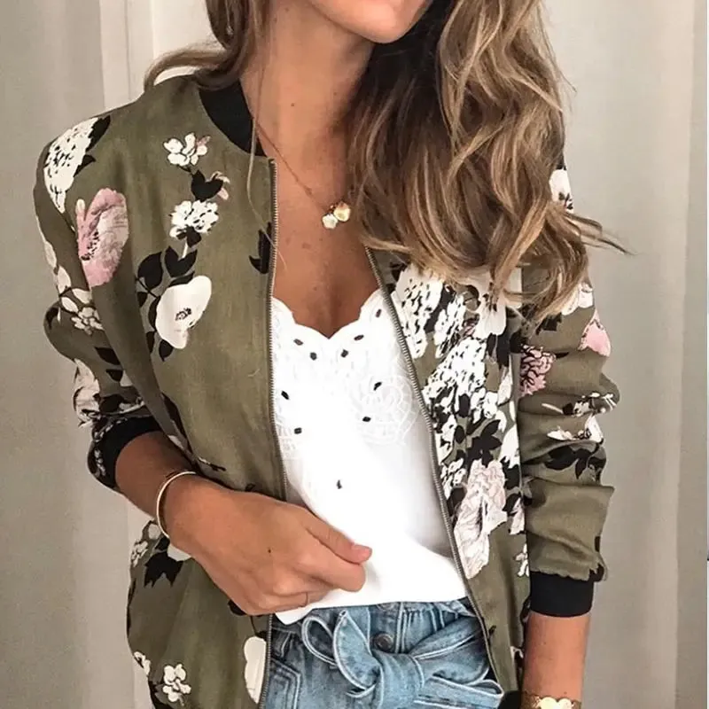 Jocoo Jolee Women Elegant Zipper Bomber Jacket Spring Autumn Floral Printed Jackets Office Wear Slim Office Coat Retro Outwear