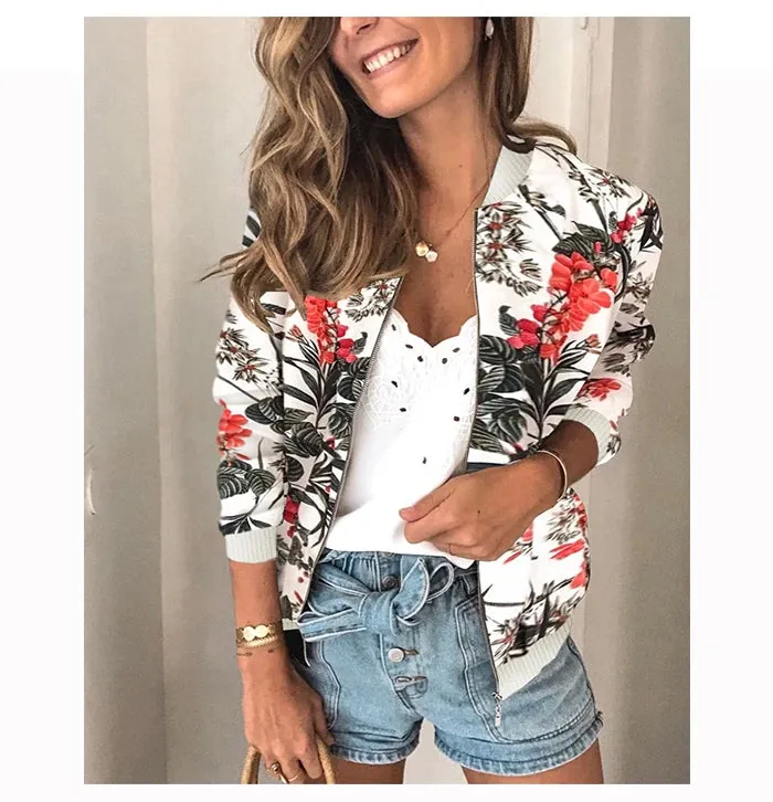 Jocoo Jolee Women Elegant Zipper Bomber Jacket Spring Autumn Floral Printed Jackets Office Wear Slim Office Coat Retro Outwear