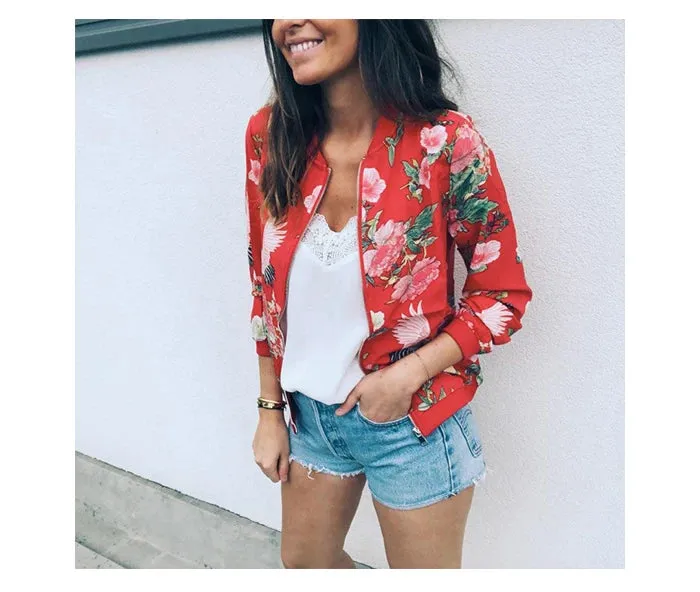 Jocoo Jolee Women Elegant Zipper Bomber Jacket Spring Autumn Floral Printed Jackets Office Wear Slim Office Coat Retro Outwear