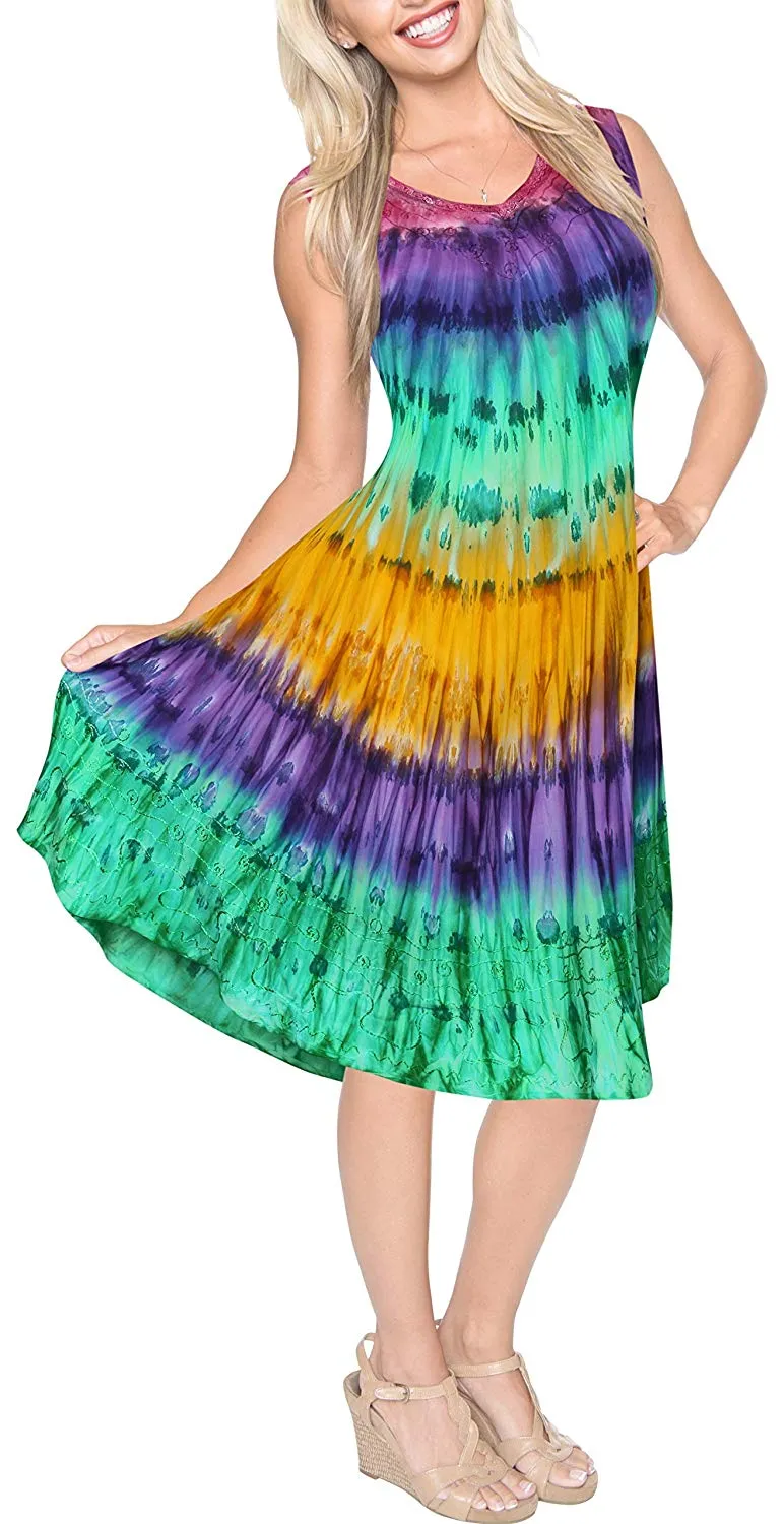 La Leela Smooth Rayon Swirl Hand Tie dye Embroidered Casual Short Beach Dress