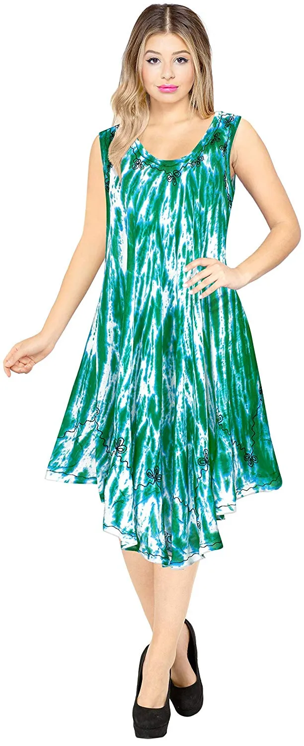 La Leela Smooth Rayon Swirl Hand Tie dye Embroidered Casual Short Beach Dress