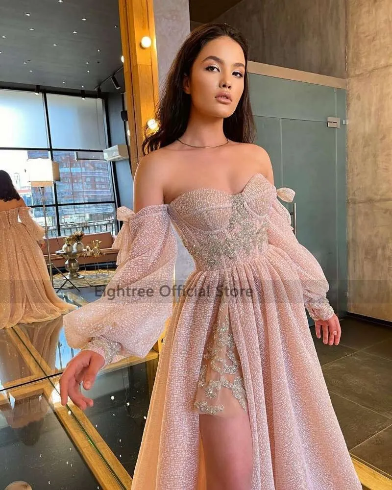 LANFUBEISI Pink Wedding Dresses  Puff Long Sleeve Bride Dress Split Side A Line Sexy Beach Wedding Gowns Robe de Mariee