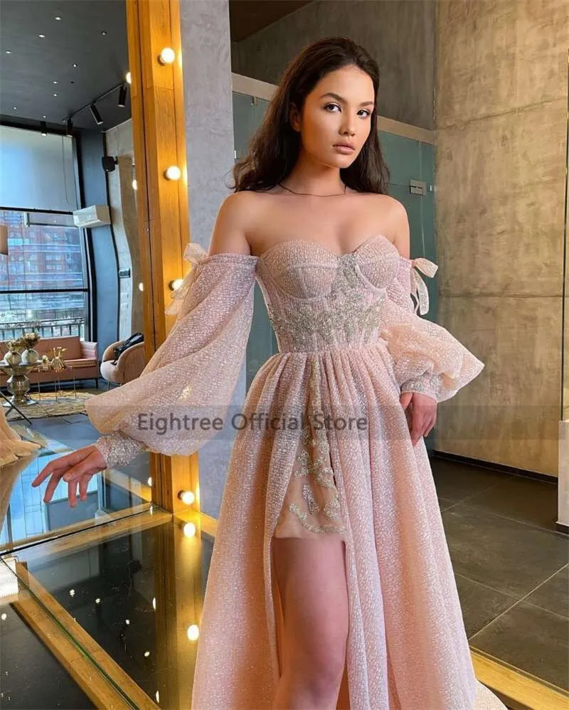 LANFUBEISI Pink Wedding Dresses  Puff Long Sleeve Bride Dress Split Side A Line Sexy Beach Wedding Gowns Robe de Mariee