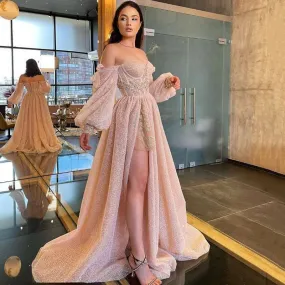 LANFUBEISI Pink Wedding Dresses  Puff Long Sleeve Bride Dress Split Side A Line Sexy Beach Wedding Gowns Robe de Mariee