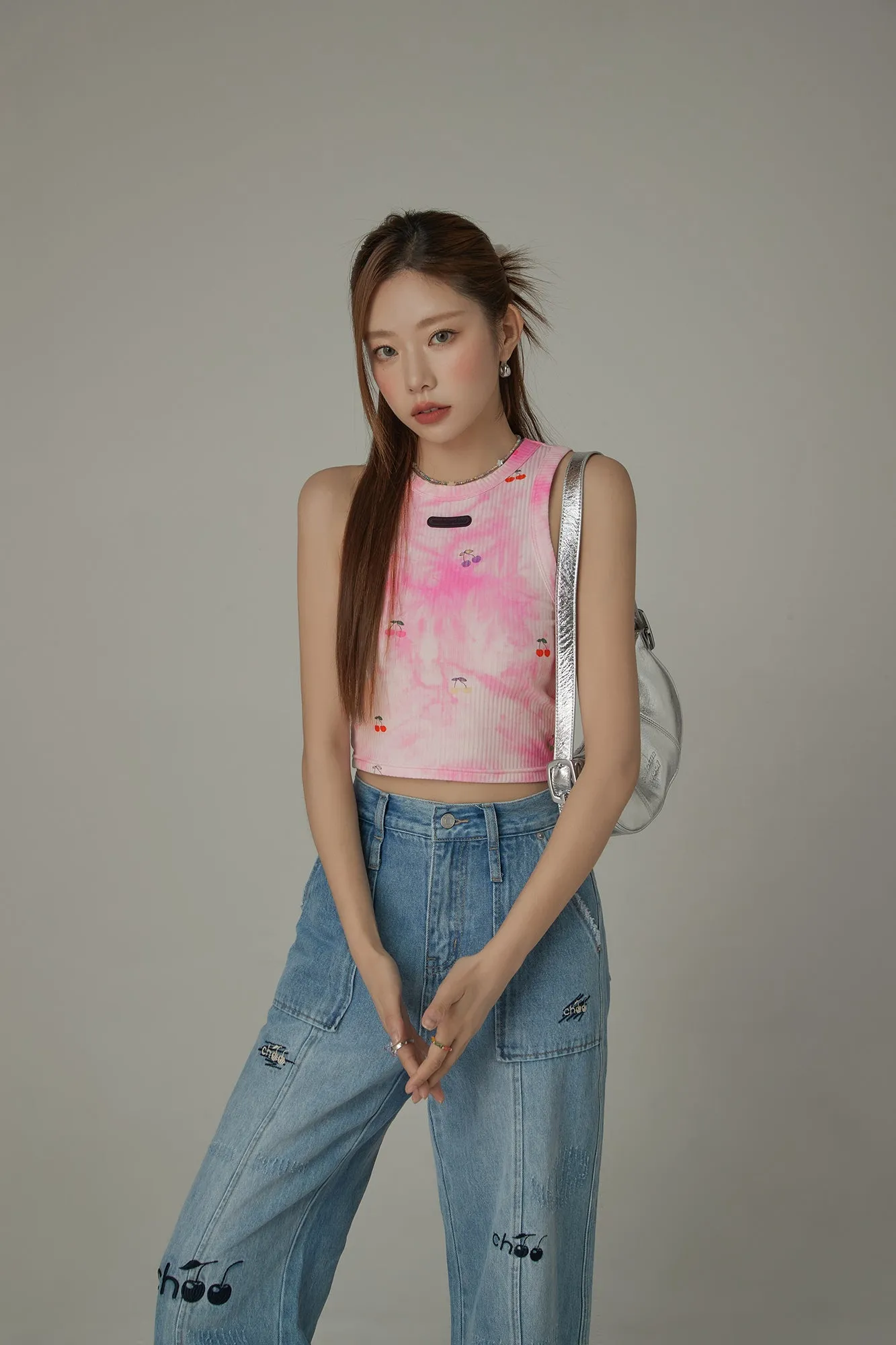 Light Tie Dye Printed Cherries Crop Sleeveless Top