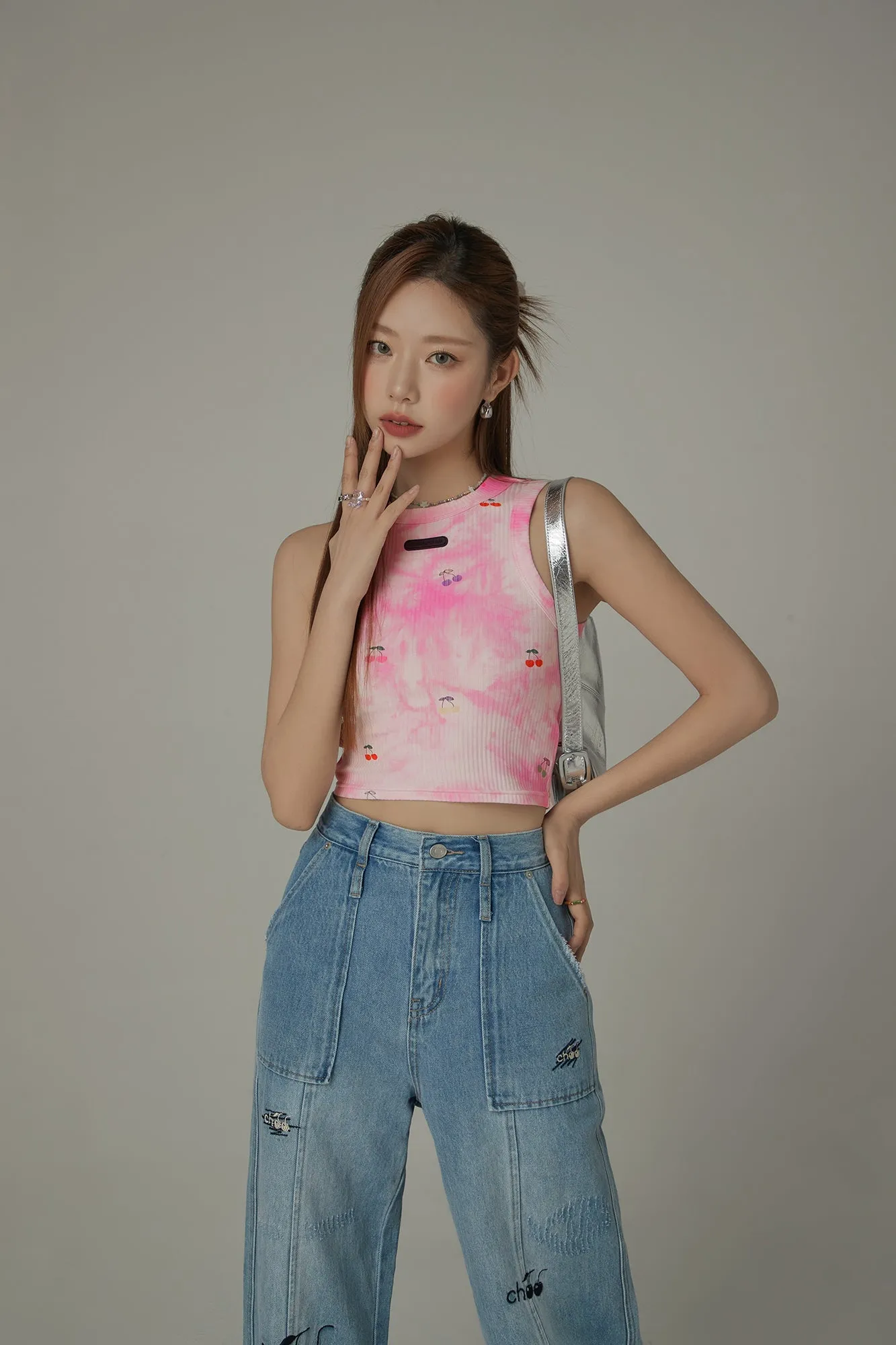 Light Tie Dye Printed Cherries Crop Sleeveless Top