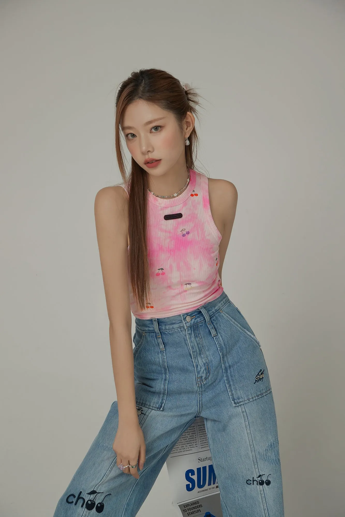 Light Tie Dye Printed Cherries Crop Sleeveless Top