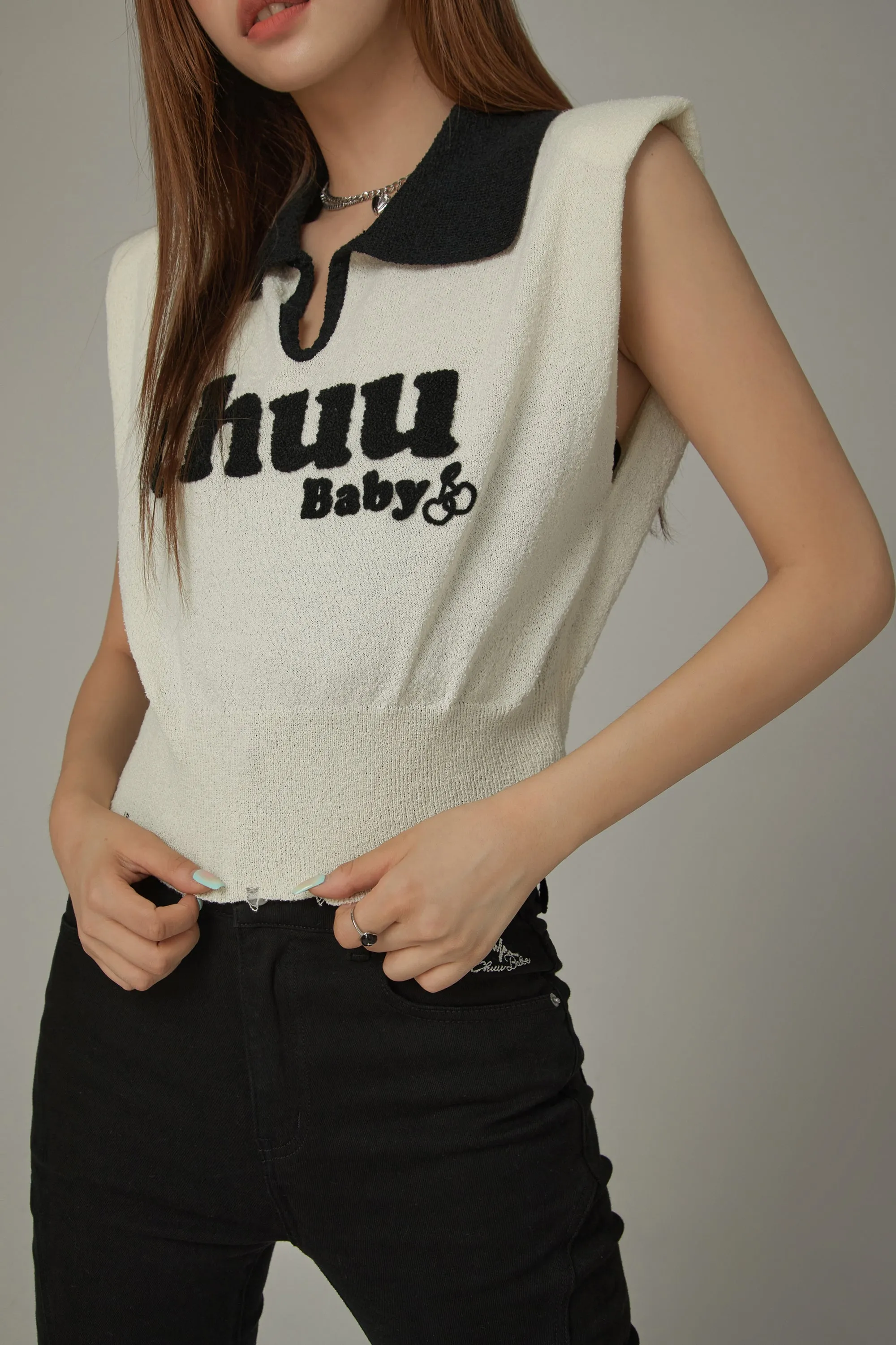 Logo Open Collar Cropped Knit Top