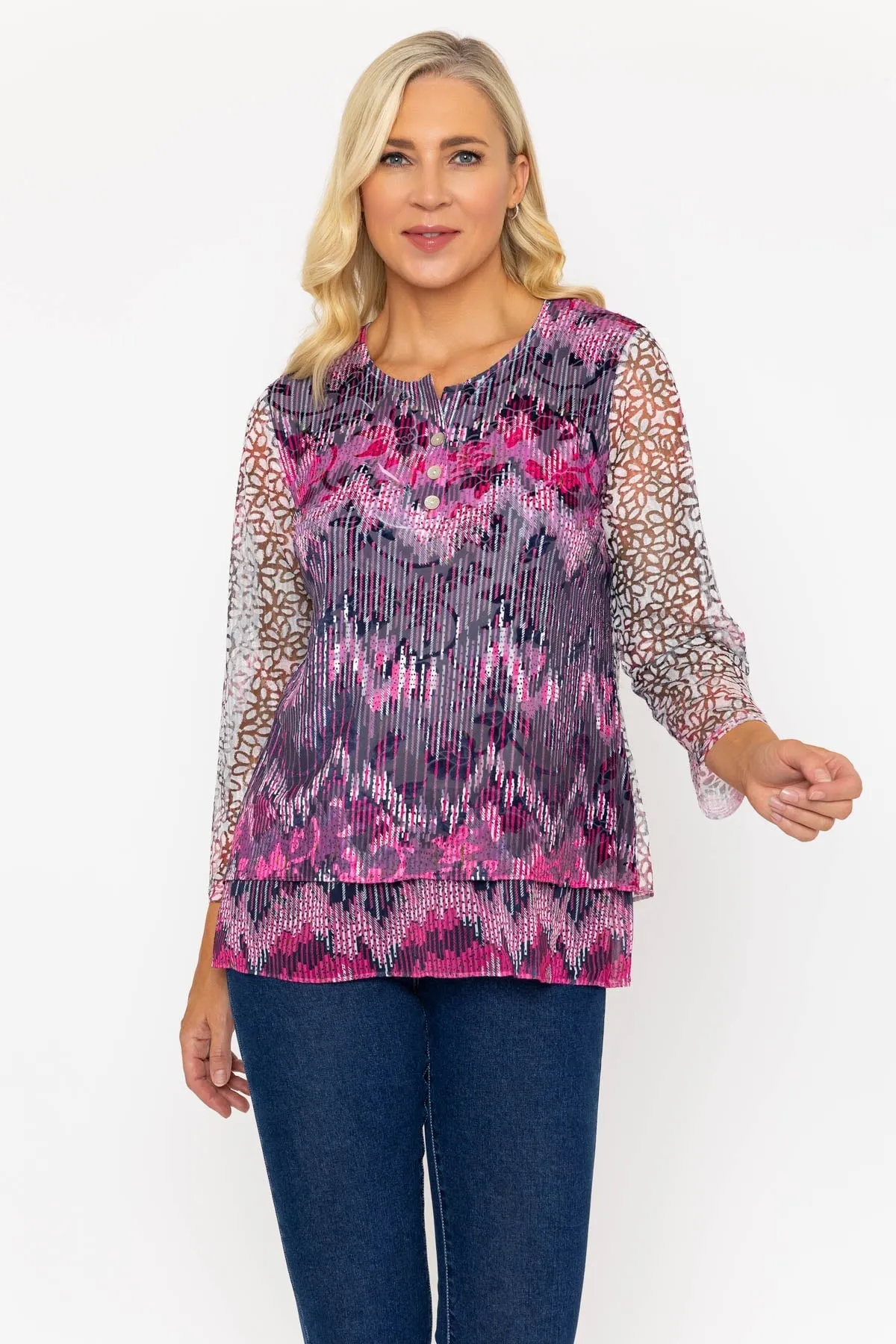 Magenta Pink Dovore Printed 3/4 Sleeve Top