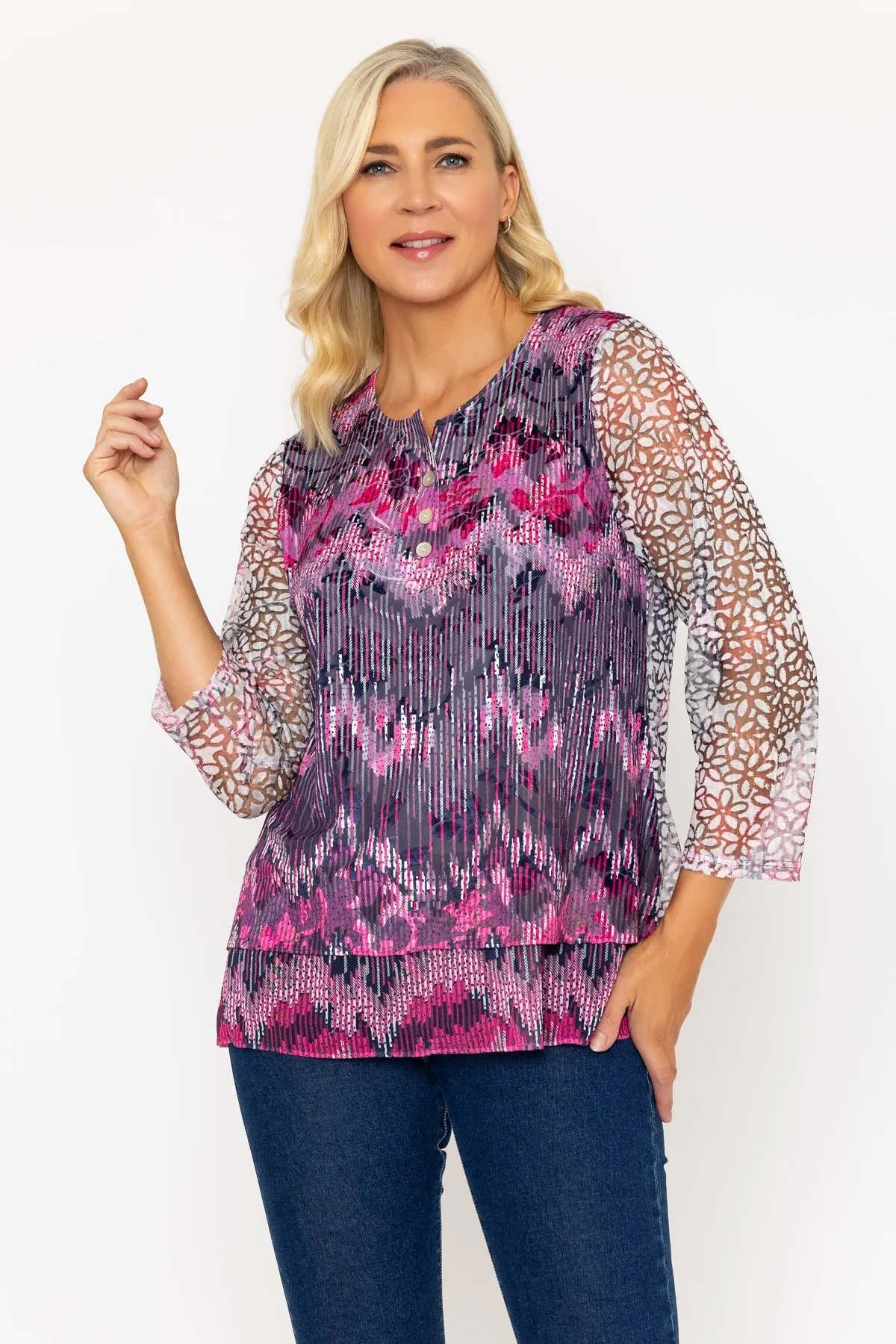 Magenta Pink Dovore Printed 3/4 Sleeve Top