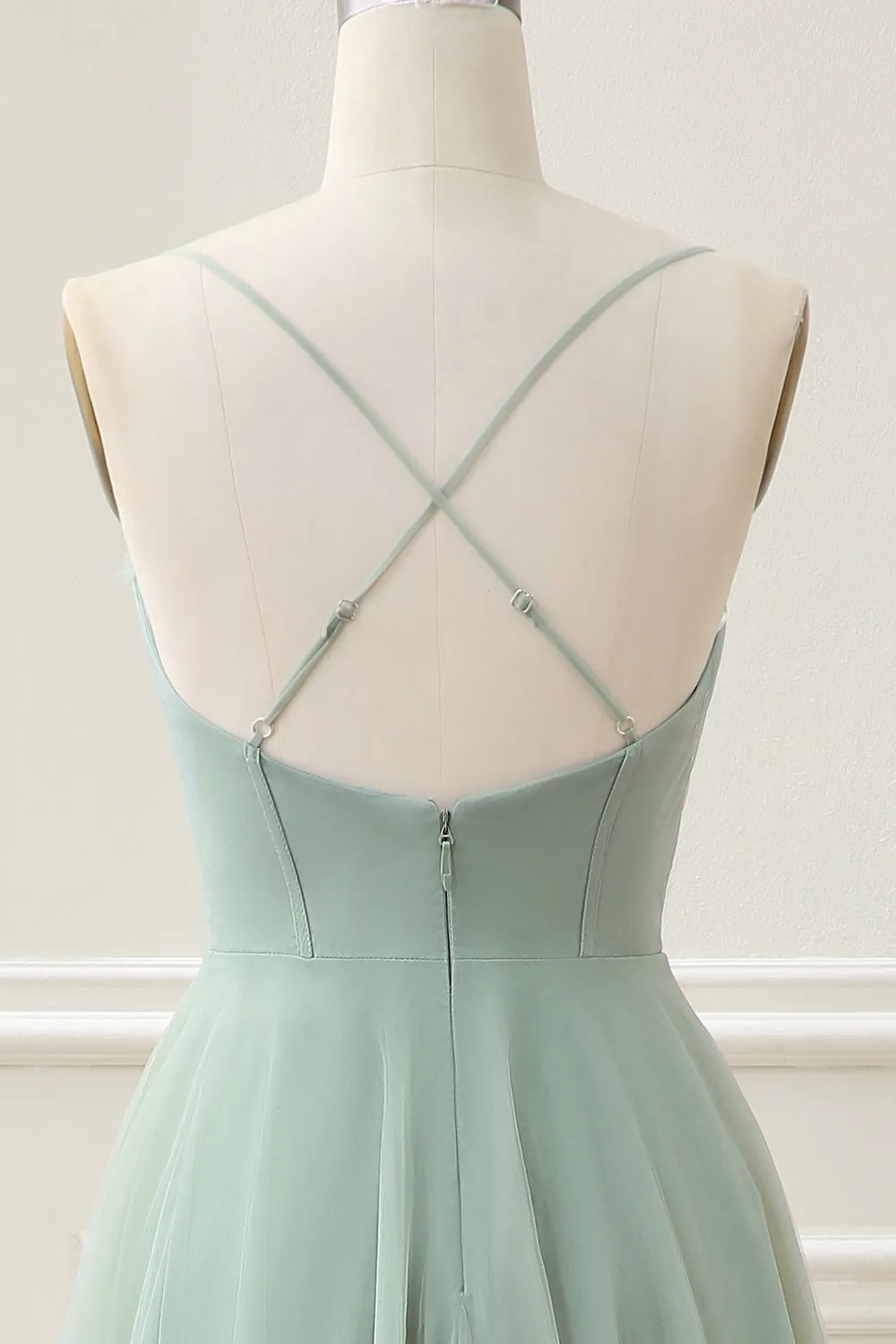 Matcha A Line Spaghetti Straps Corset Tulle Tea-Length Dress