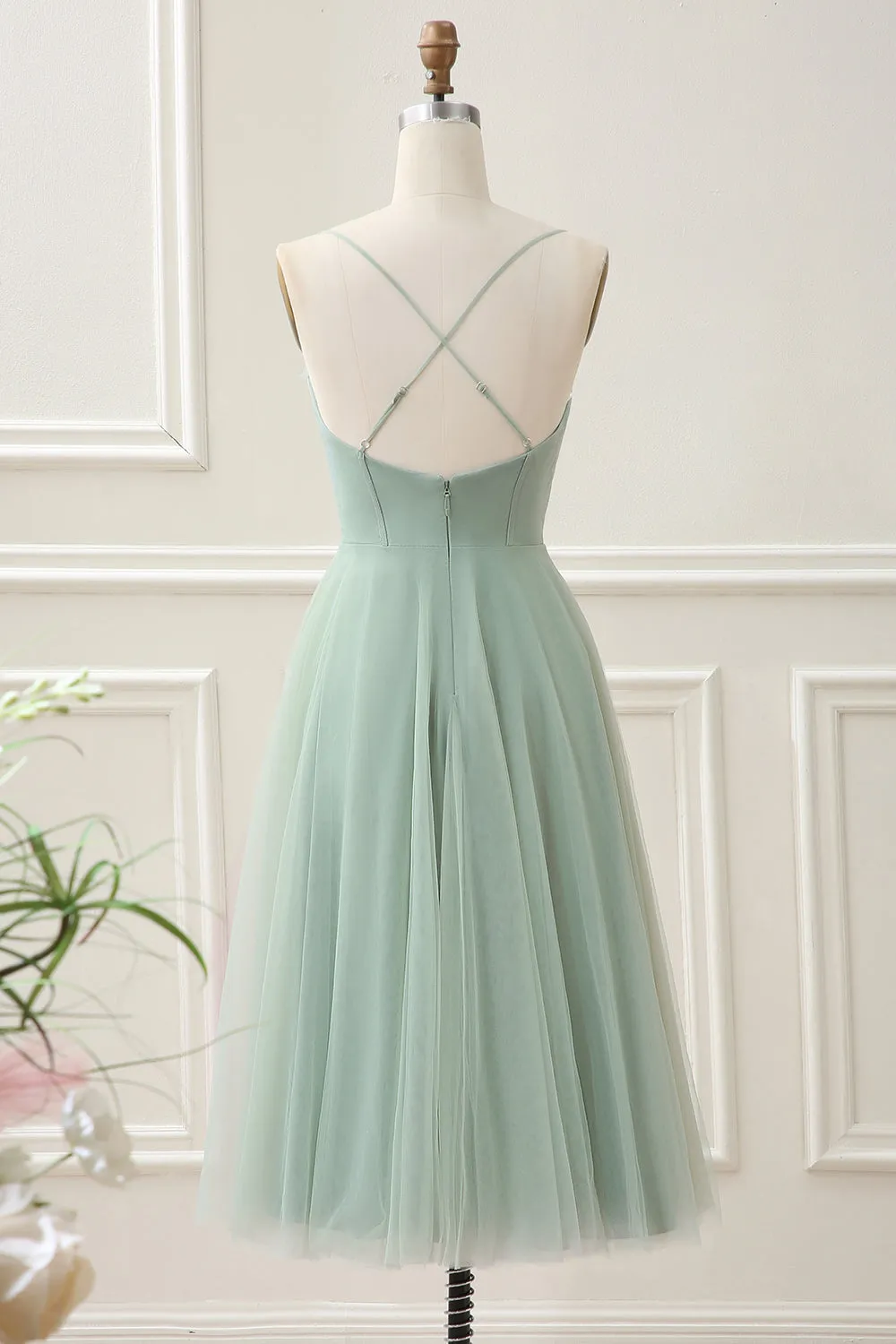 Matcha A Line Spaghetti Straps Corset Tulle Tea-Length Dress