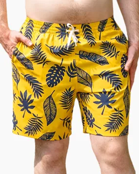 Men's Swim Beach Trunks - Yellow& Black Leaves