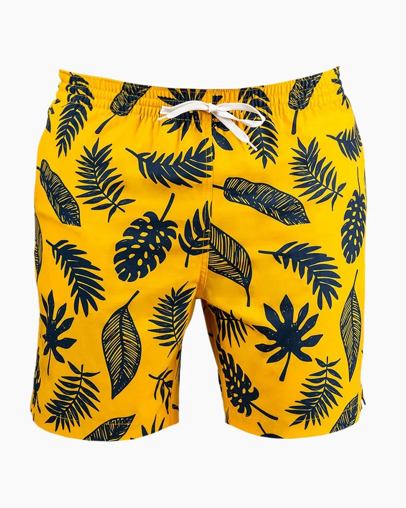 Men's Swim Beach Trunks - Yellow& Black Leaves