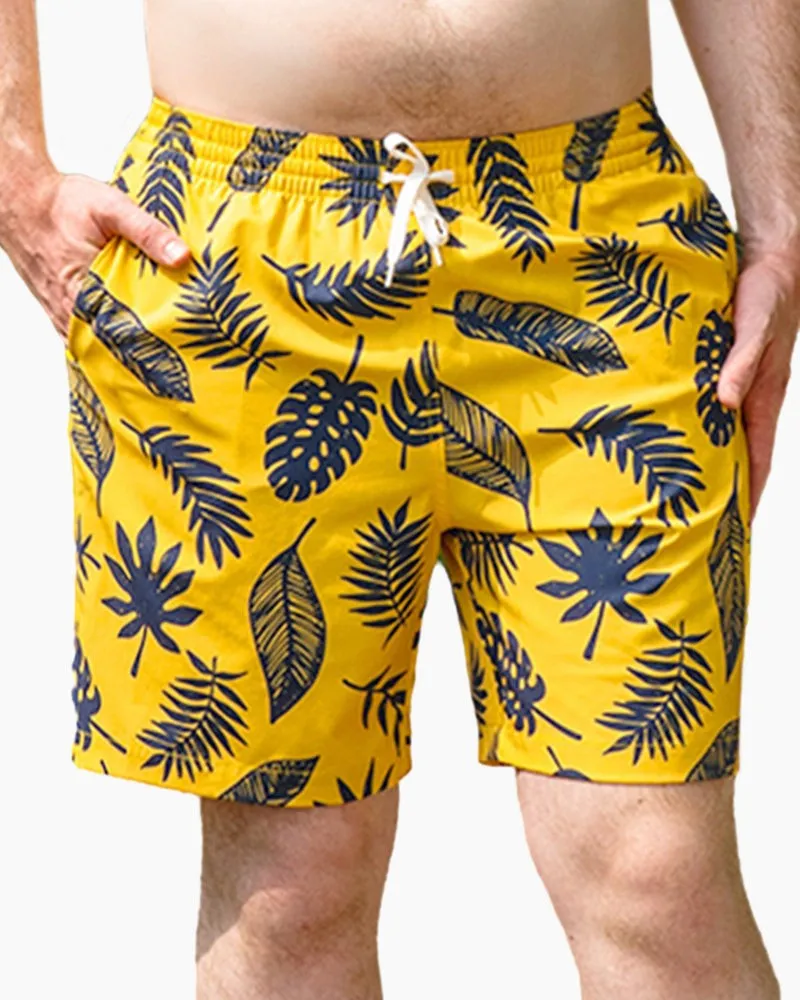 Men's Swim Beach Trunks - Yellow& Black Leaves