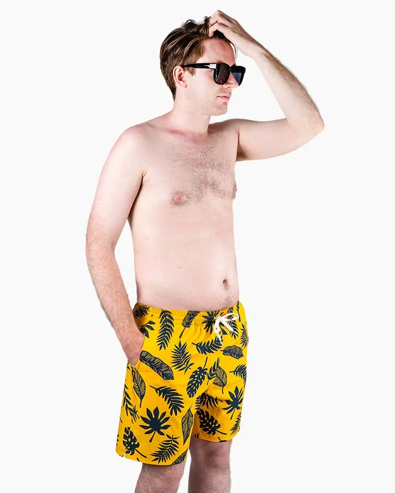 Men's Swim Beach Trunks - Yellow& Black Leaves