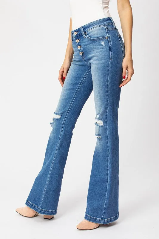 Mid Rise Distressed Flare - Med Blue