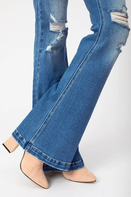 Mid Rise Distressed Flare - Med Blue