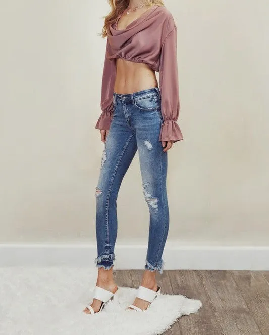 Mid Rise Hem Detail Ankle Skinny Jeans